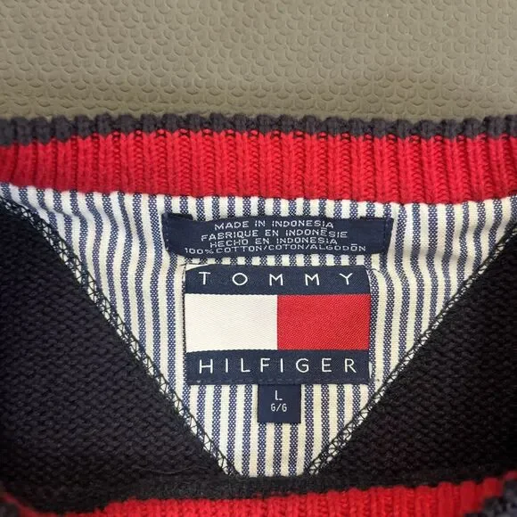 Tommy Hilfiger Vintage Navy Blue Rib Knit Pullover Sweater Mens Large Logo Chrty - Picture 6 of 15